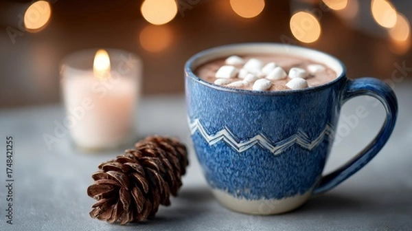 Fototapeta A Cozy Winter Scene Featuring Hot Chocolate Topped with Marshmallows, Complemented by a Candle and Pine Cone, Creating a Warm Atmosphere