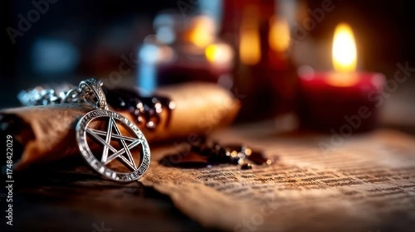 Fototapeta A Mystical Arrangement of Pentagram Pendant, Ancient Scroll and Candles Creating an Enigmatic Atmosphere for Ritualistic Practices