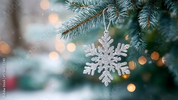 Fototapeta Glistening Snowflake Ornament Hanging Delicately on a Christmas Tree Branch with Soft Bokeh Lights in the Background During a Tranquil Winter Season