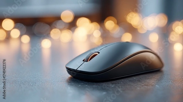 Fototapeta Close-Up of a Sleek Black Computer Mouse with Soft Bokeh Background Creating a Modern and Stylish Tech Aesthetic