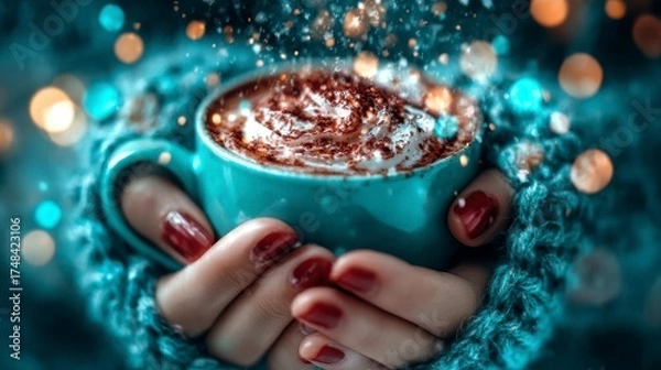 Fototapeta A Warm Cup of Comfort: Indulging in Rich Hot Chocolate with a Whipped Cream Topping, Perfect for Cozy Evenings and Festive Gatherings