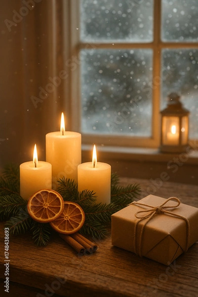 Obraz  Cozy Scandinavian Christmas scene with candles, gift box and snow outside the window — warm winter holiday atmosphere