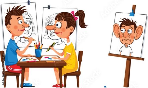 Obraz Children drawing caricatures of each other, funny cartoon art, playful kids creativity, humorous portraits, imagination, artistic expression, fun activity, learning