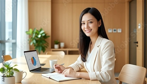 Fototapeta データを見ながら仕事をするキャリアウーマン