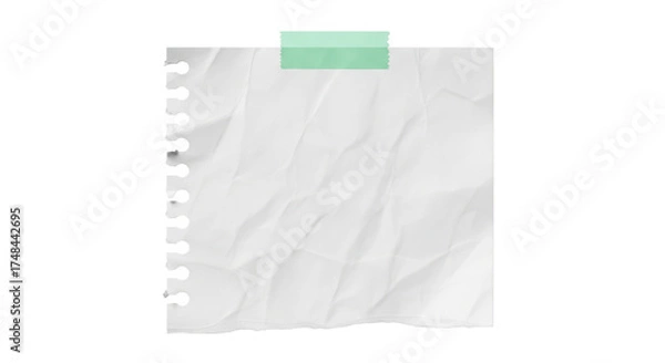 Fototapeta A ripped white notebook paper with perforated edge, taped at the top with mint green masking tape, realistic texture, natural soft shadow, minimal aesthetic, isolated on white background