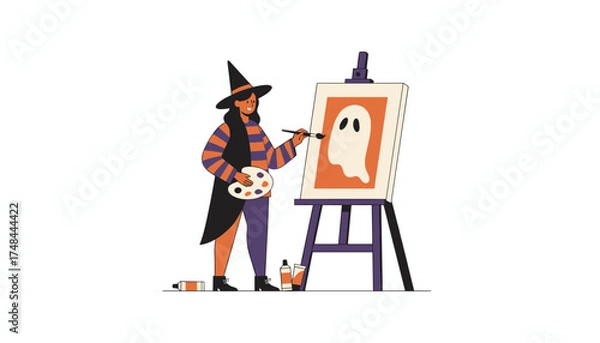 Fototapeta Smiling witch paints a ghost on canvas celebrating Halloween with creative leisure