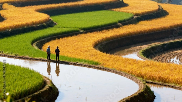 Obraz Terraced rice fields with farmers