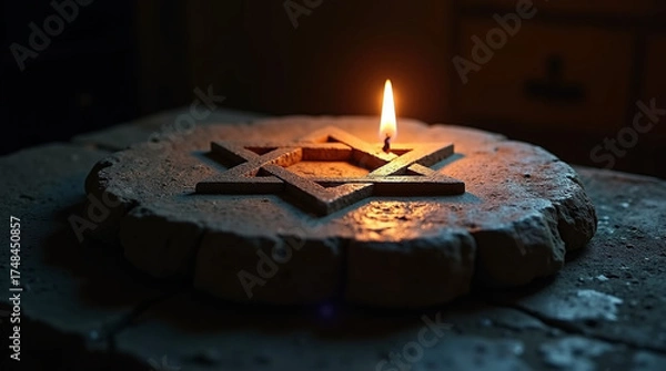 Obraz Illuminating the star of david a poignant image capturing the essence of jewish faith and remembrance, with a candle casting a warm glow on the ancient symbol of heritage and hope