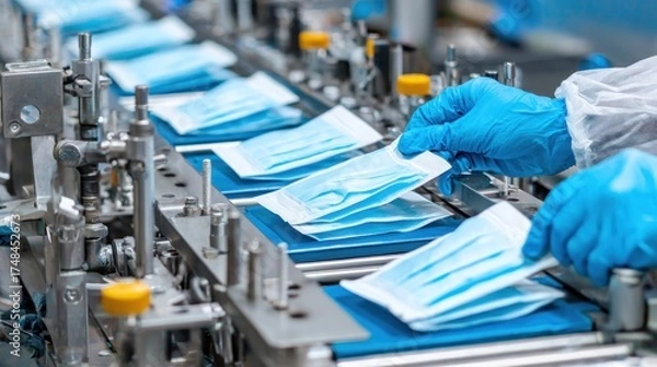 Obraz Workers manufacturing face masks in a factory