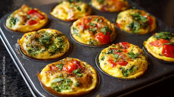 Fototapeta Colorful mini egg muffins filled with spinach and diced peppers are baked in a muffin pan, providing a healthy and tasty breakfast option for anyone looking for quick meal ideas.