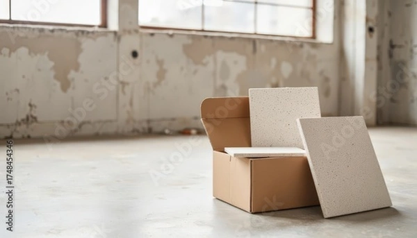 Fototapeta Cardboard box with blank sheets on concrete floor in empty room  