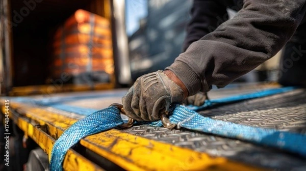 Obraz Worker securing load with straps on a truck
