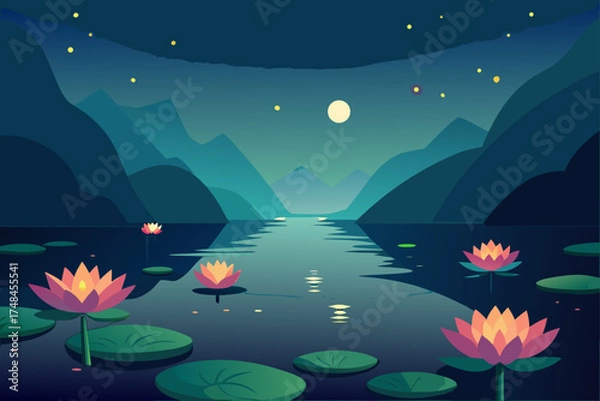 Obraz Tranquil night scene with glowing lotus flowers and mountains reflected in a calm lake under a starry sky and full moon