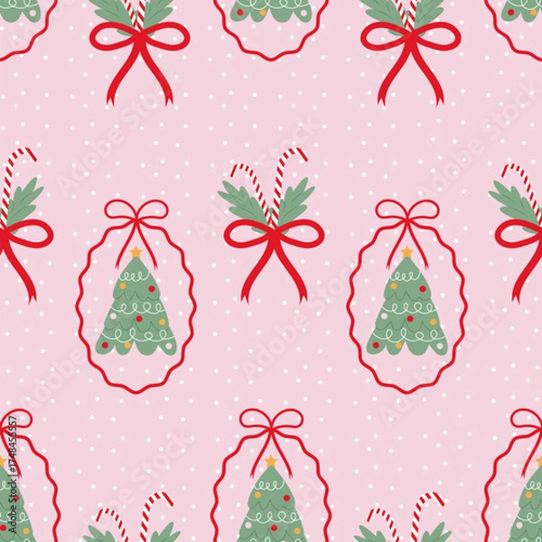 Fototapeta Seamless Christmas pattern with trees, candies, and bows. Christmas background with a decorative frame. Fashionable design for textiles and wrapping paper.