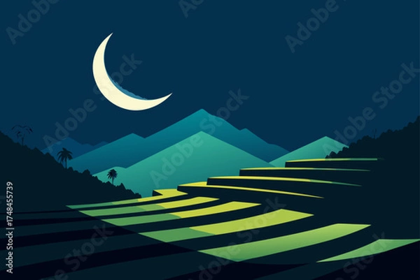 Obraz Serene crescent moon illuminates lush terraced rice fields nestled amongst verdant mountains under a starry night sky
