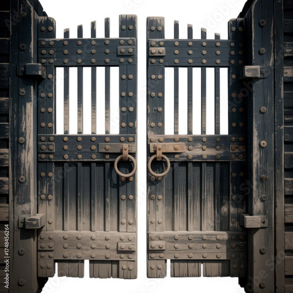 Fototapeta Ancient imposing wooden castle gate with metal rings and barred windows against a white background
