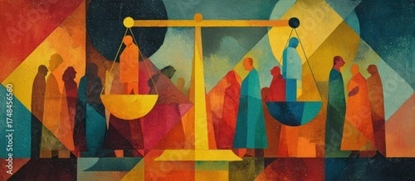 Fototapeta A geometric image showcasing balance with a scale, people, and vibrant colors