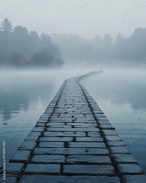 Fototapeta Floating Blue Stepping Stone Path into Tranquil Lake Water Abstract Background