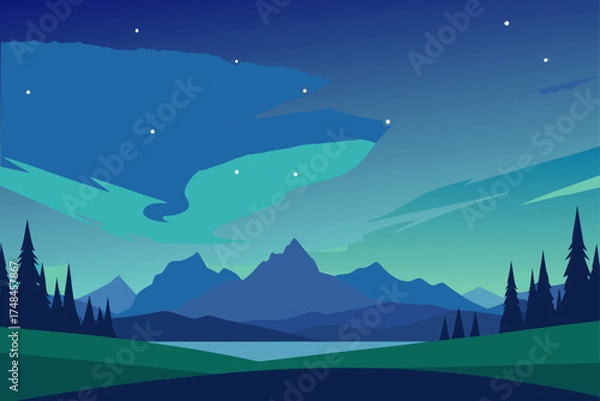 Obraz Serene minimalist landscape featuring a tranquil lake reflecting the vibrant aurora borealis dancing across a starry night sky above silhouetted mountains and pine trees