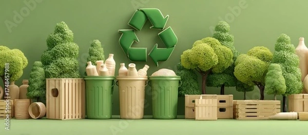 Fototapeta A stylized illustration shows recycling bins, trees, wooden crates, and the recycling symbol, all in a green theme
