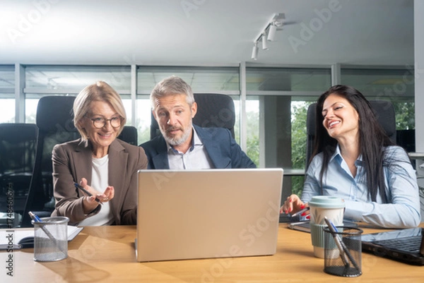 Fototapeta Diverse business meeting with multiethnic team using laptops in modern office working together on project