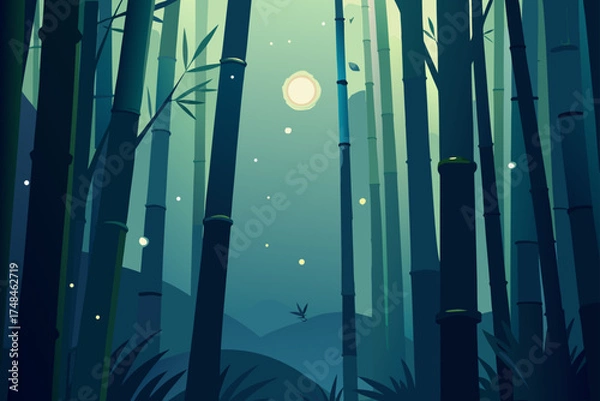 Obraz Enchanting bamboo forest at night with a full moon and fireflies creating a magical and serene atmosphere