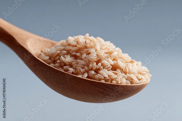 Fototapeta Brown rice grains in a wooden spoon against a soft blue background