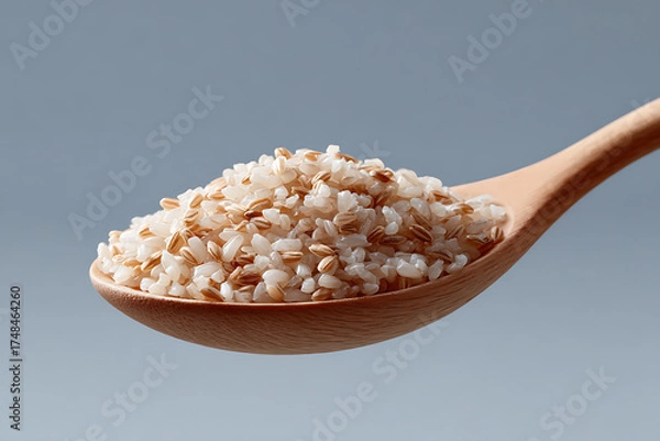 Fototapeta Close-Up View of Brown and White Rice Piled on a Wooden Spoon against Gray Background