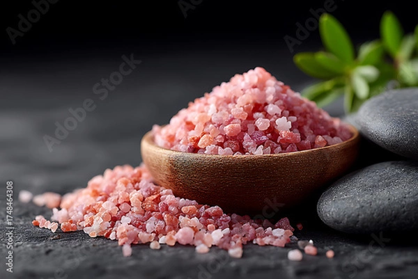 Fototapeta Pink Himalayan Salt in Wooden Bowl on Dark Background with Natural Stones and Herbs