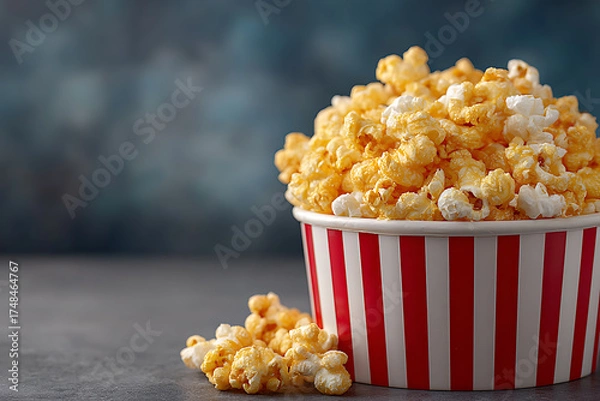 Fototapeta Delicious and Tasty Popcorn in Large Red and White Striped Bucket Ready for Movie Night