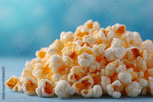 Fototapeta Freshly Popped Popcorn Pile Against Soft Blue Background for Easy Snacking