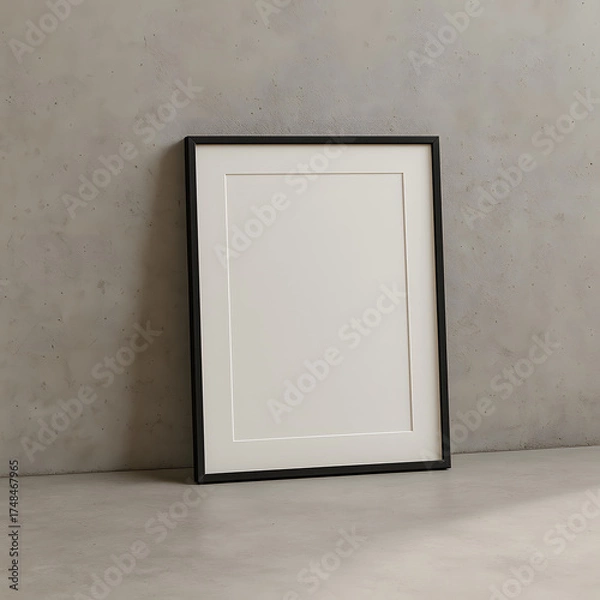 Fototapeta Empty Picture Frame: A minimalist black picture frame leans against a muted grey concrete wall, a blank canvas ready to showcase your personal art or cherished memories. This elegant, simple.