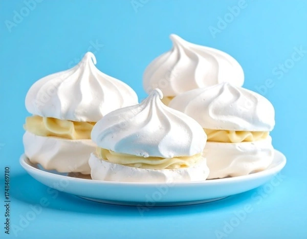 Obraz White meringue cookies with creamy filling on a white plate against a light blue background