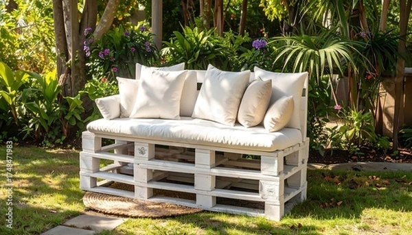 Fototapeta White pallet bench with cream cushions in a garden setting