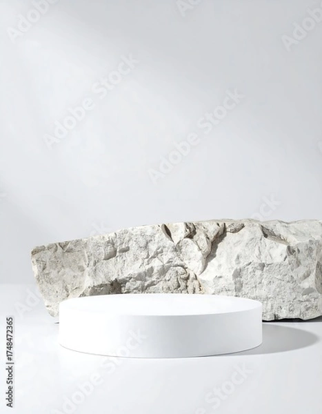 Fototapeta White pedestal with a stone backdrop. Soft light illuminates the scene