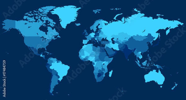 Fototapeta Mapa świata z krajami na niebieskim tle