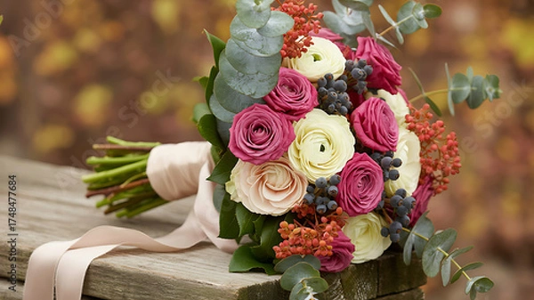 Obraz Elegant bridal bouquet with pink and white roses on rustic wooden bench