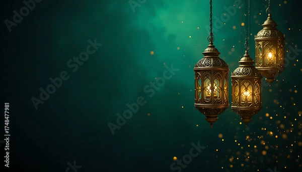 Obraz Ornate islamic lanterns glow with warm light on a dark teal background