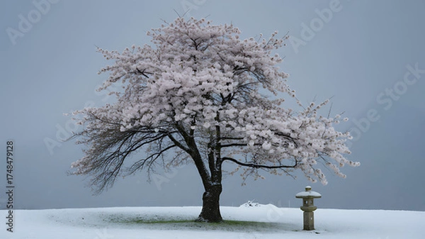 Obraz Beautiful cherry blossom tree covered in snow on a peaceful winter day