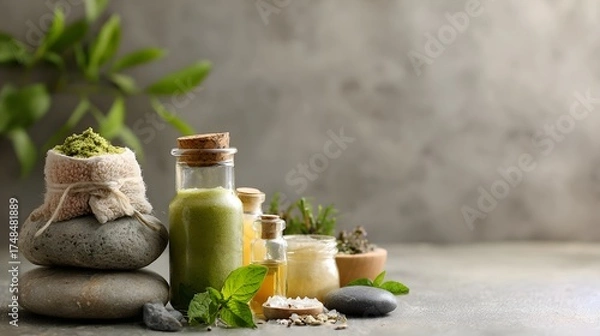 Fototapeta Spa composition with sea salt, massage oil and aromatic herbs on grey background