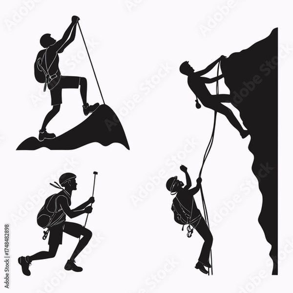 Fototapeta Four black silhouette vector designs of climbers on rocks 2