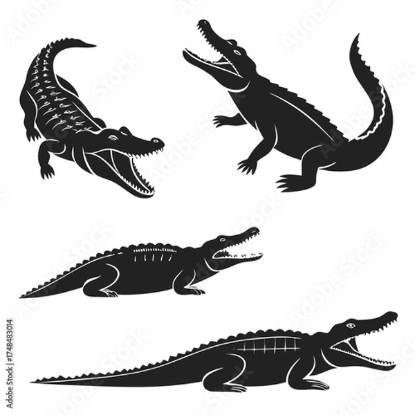 Fototapeta Four black silhouette vector designs of crocodiles with open mouths