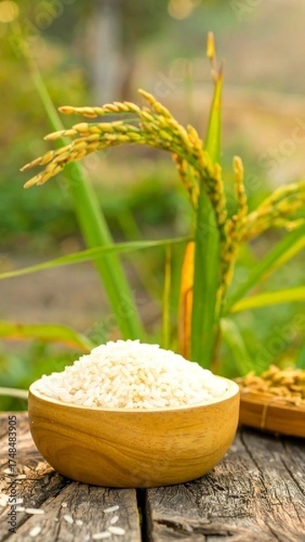 Fototapeta White rice in a wooden bowl, surrounded by rice stalks in a blurred background