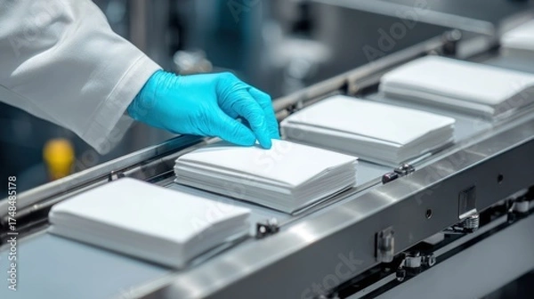 Obraz Worker in lab coat handling stacks of paper on a conveyor belt