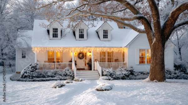 Fototapeta Cozy winter home adorned with festive lights, surrounded by snow-covered landscape, showcasing a warm inviting atmosphere and holiday spirit in a serene residential setting