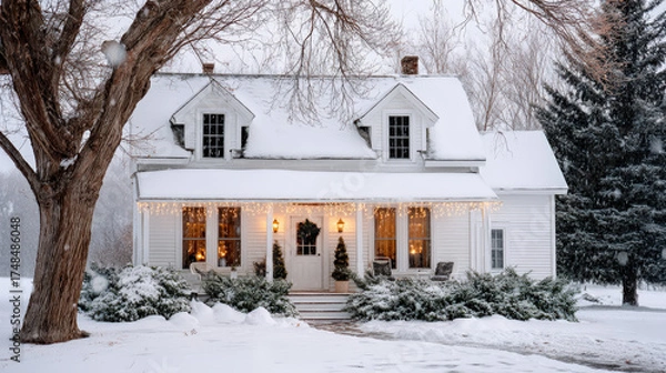 Fototapeta Snow-covered house adorned with holiday lights, surrounded by winter landscape, showcasing cozy atmosphere and inviting charm during a serene snowfall