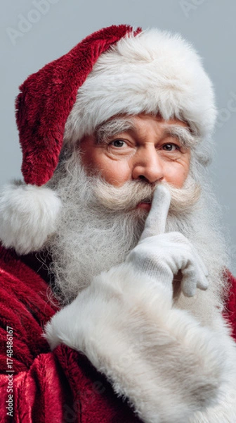 Fototapeta Santa Claus dressed in traditional red and white costume, with a fluffy hat, is making a shushing gesture, embodying the spirit of holiday cheer and secrecy