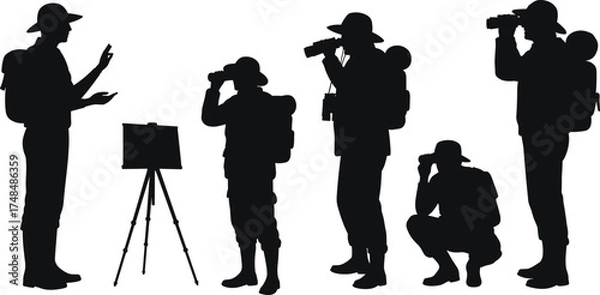 Obraz Birdwatching silhouettes with binoculars, outdoor nature observation, educational tour, backpack gear, black figures, pointing gestures, squatting pose, vector illustration, white background