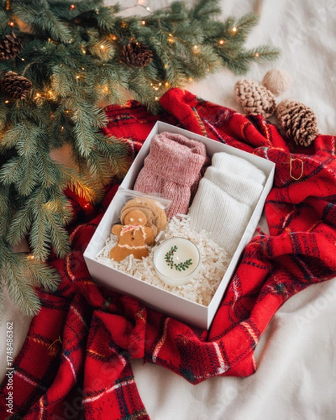 Fototapeta Cozy gift box featuring soft socks, a gingerbread cookie, and a candle, surrounded by festive greenery and a red plaid blanket, perfect for holiday gifting and seasonal warmth