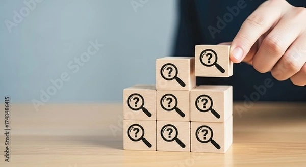 Fototapeta Hand Places Question Mark Magnifier Icon on Wooden Block Tiered Structure